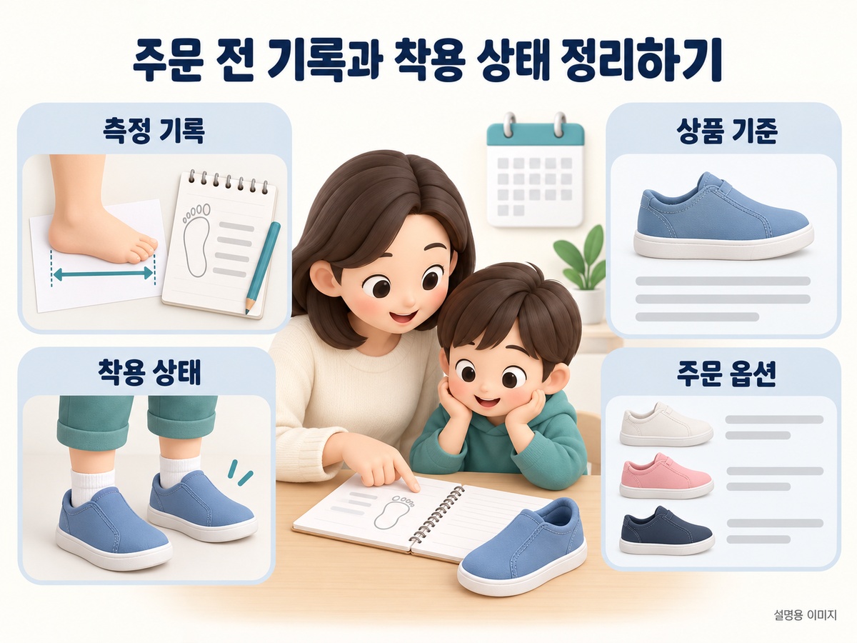 아이 발 실측 날짜와 상품 옵션을 정리한 주문 전 설명
