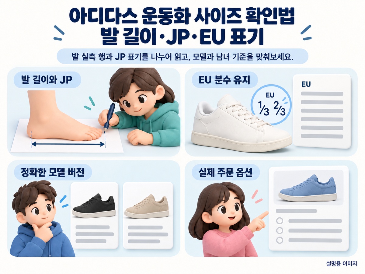 아디다스 운동화 사이즈 확인법 | 발 길이·JP·EU 표기 핵심 기준을 정리한 설명용 이미지
