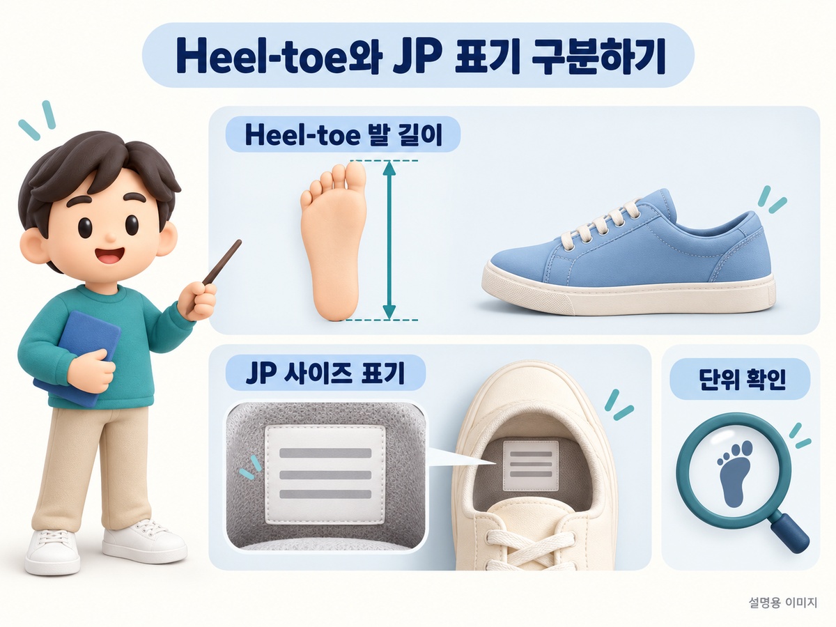 발 길이 Heel-toe와 JP 사이즈 행을 구분한 설명