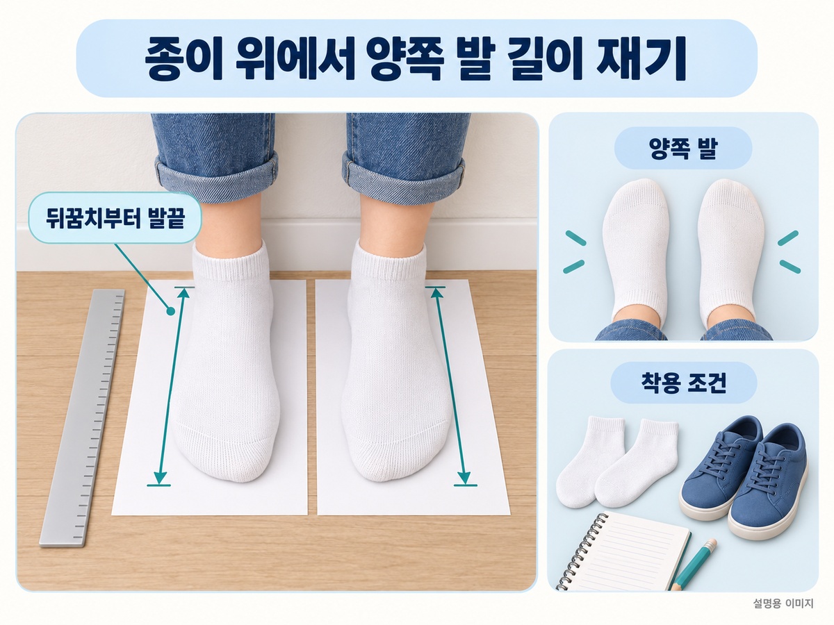 뒤꿈치부터 가장 긴 발가락까지 양쪽 발을 재는 설명