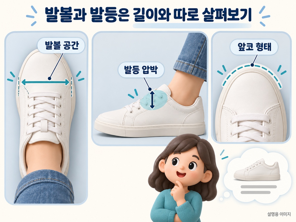 운동화의 발볼 발등 앞코 공간을 따로 확인하는 설명