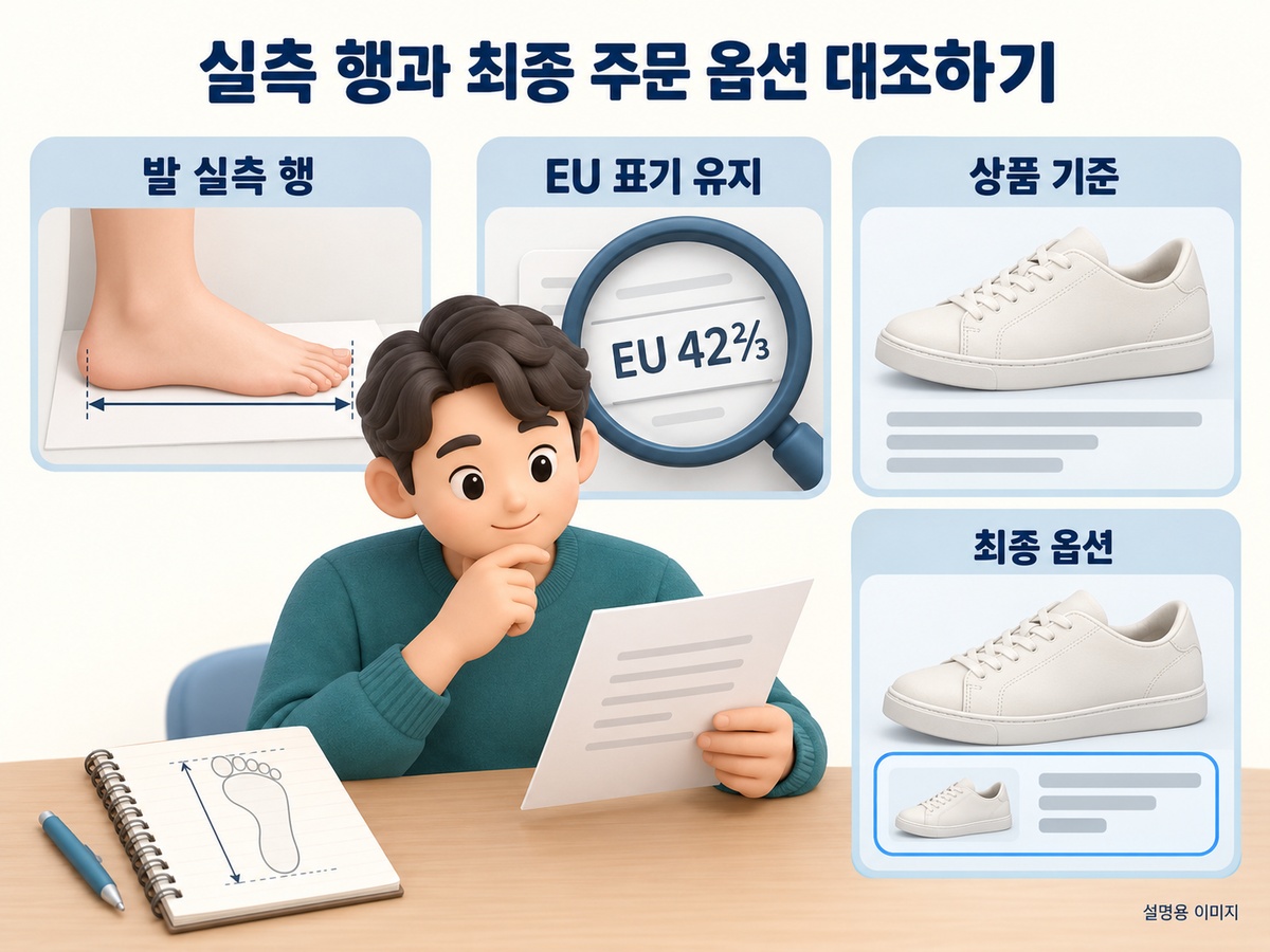 발 실측과 EU 분수 남녀 기준을 주문 옵션과 대조한 설명