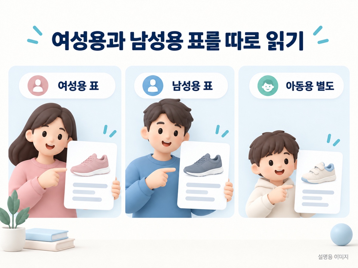 골든구스 여성 남성 아동용 표를 구분한 설명