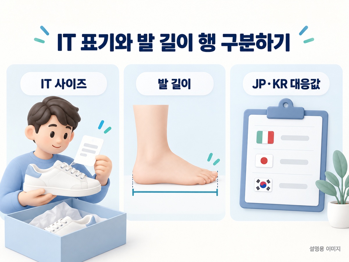 IT 표기와 발 길이 JP KR 대응값을 구분한 설명