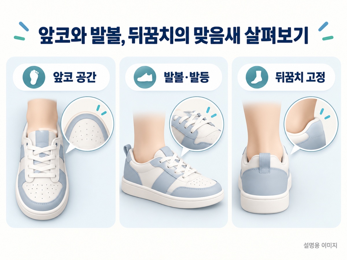 운동화 앞코 발볼 발등 뒤꿈치 고정감을 확인하는 설명