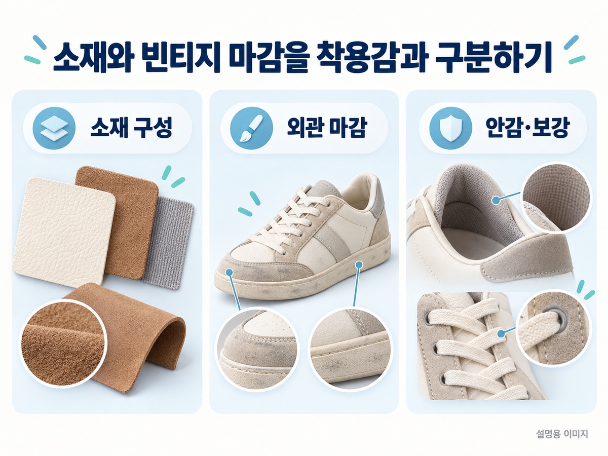 가죽 스웨이드와 외관 마감을 착용감과 나누어 보는 설명