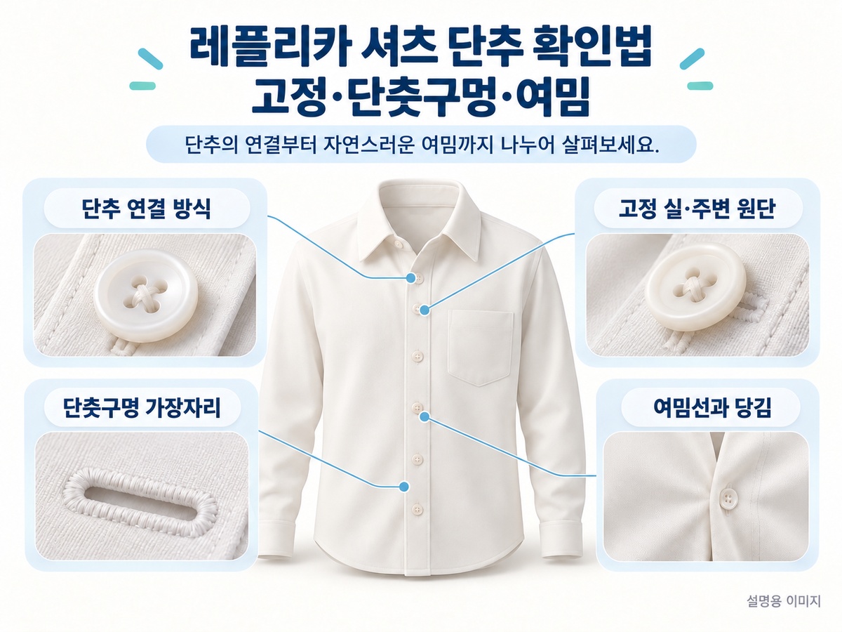 레플리카 셔츠 단추의 연결 방식 고정 실 단춧구멍 여밈을 나누어 확인하는 요약 설명용 이미지