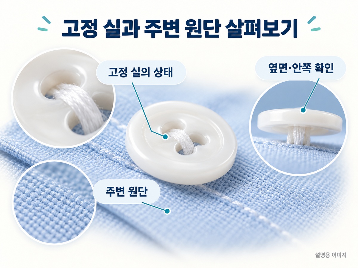 셔츠 단추의 고정 실과 주변 원단을 앞면 옆면 안쪽으로 살펴보는 설명용 이미지