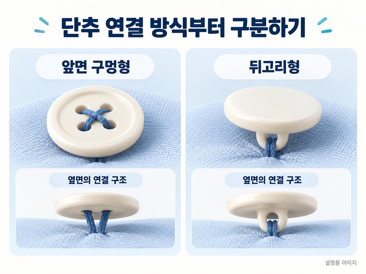 앞면 구멍과 뒤고리에 실이 연결되는 단추 구조를 구분한 설명용 이미지