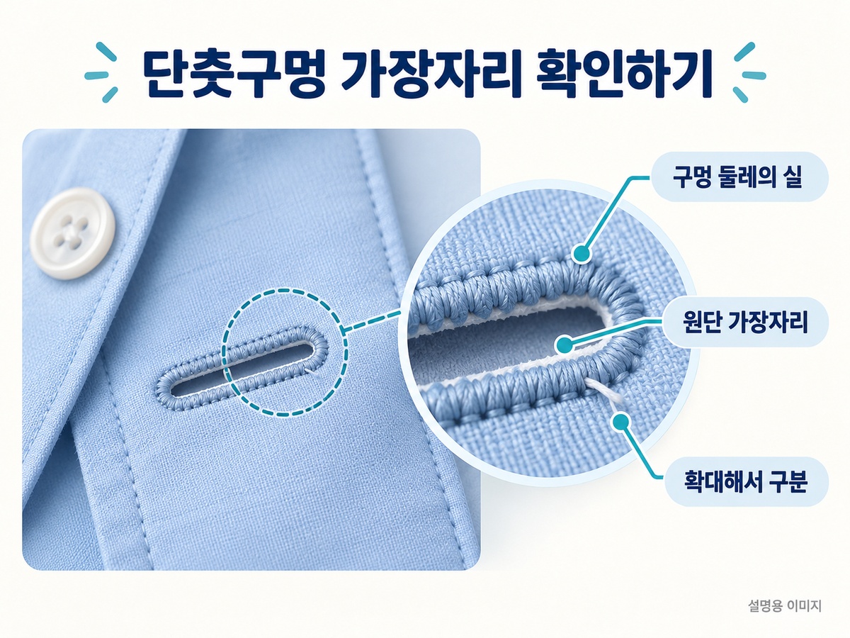 셔츠 단춧구멍의 둘레 실과 원단 가장자리를 따로 살펴보는 설명용 이미지