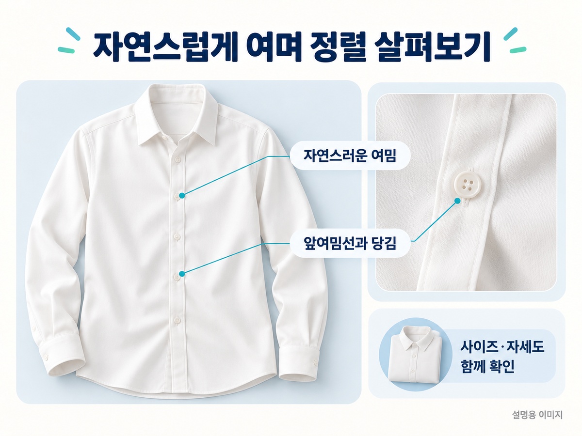 셔츠를 자연스럽게 여몄을 때의 앞여밈선과 국소적인 당김을 구분하는 설명용 이미지