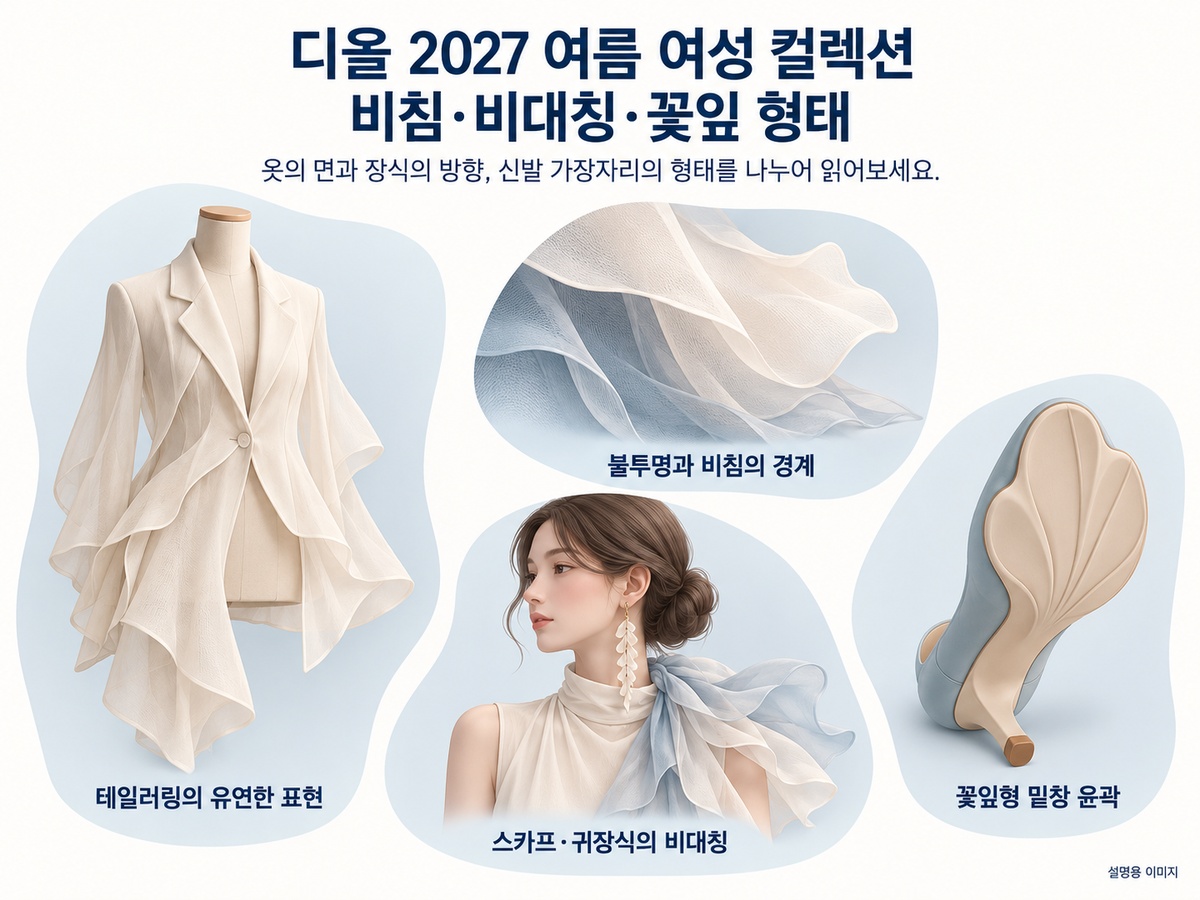 디올 2027 여름 여성 컬렉션의 비침과 비대칭 및 꽃잎 형태를 네 가지 관점으로 정리한 요약 설명용 이미지