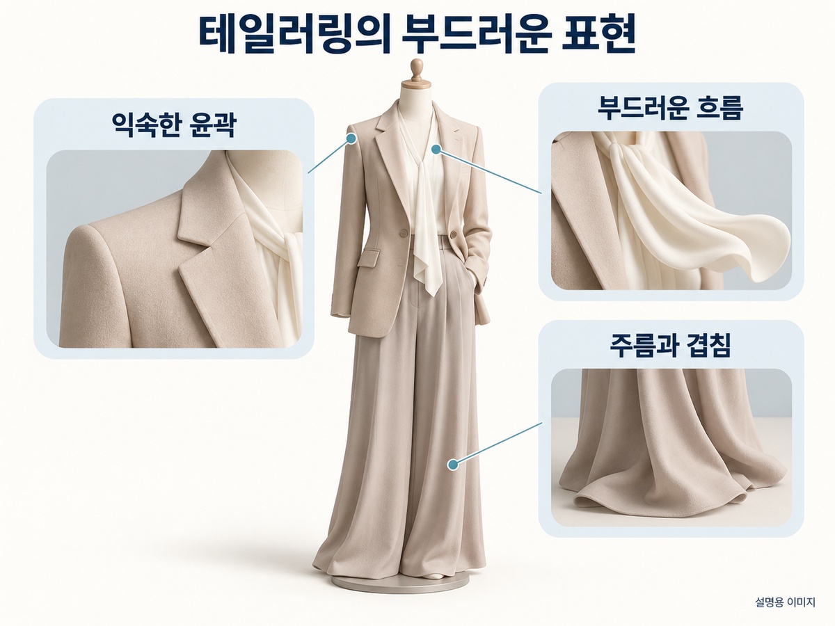 익숙한 수트 윤곽과 부드럽게 흐르는 표현을 나누어 보는 설명용 이미지