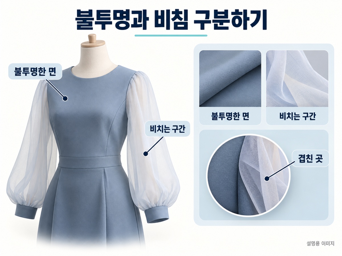 한 착장에서 불투명한 면과 비치는 구간 및 겹침을 구분하는 설명용 이미지
