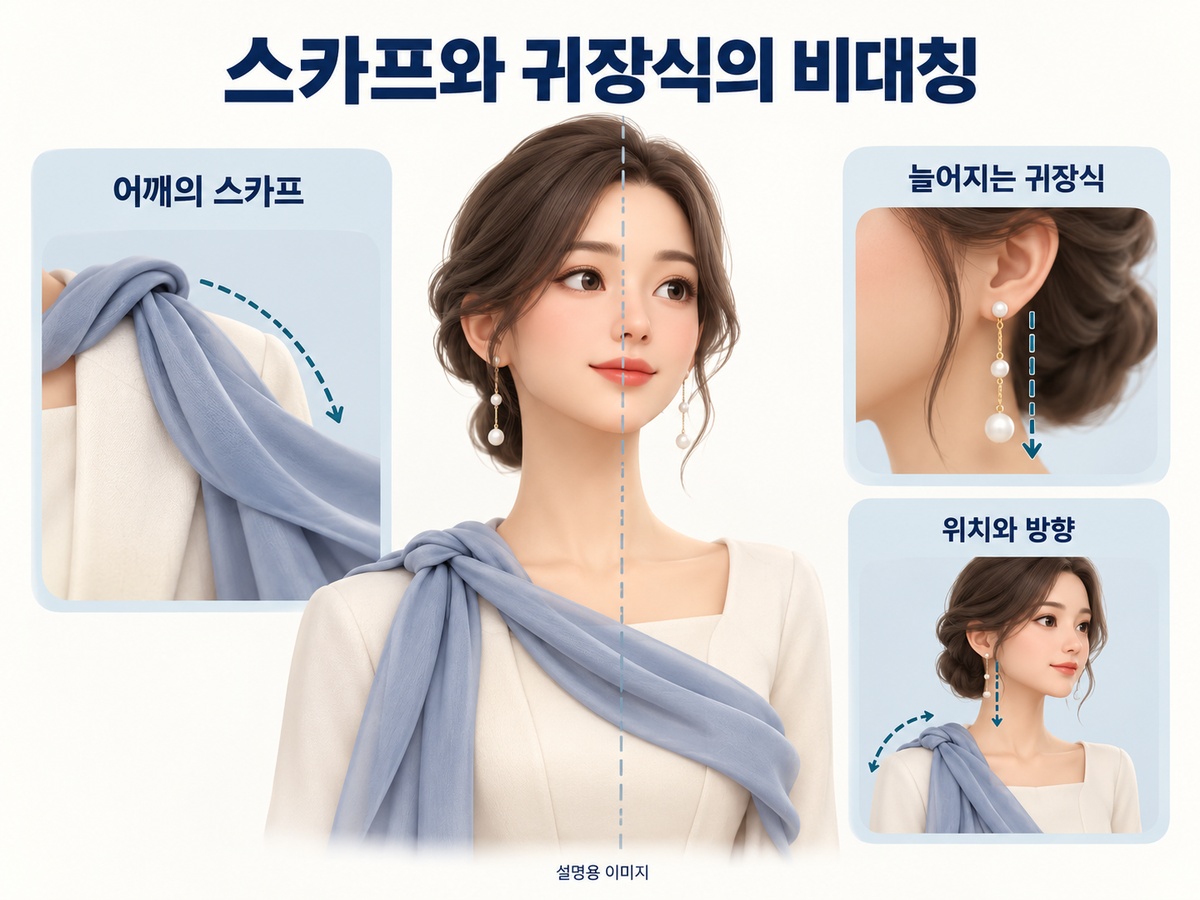 어깨에 놓인 스카프와 길게 이어지는 귀장식의 위치 및 방향을 읽는 설명용 이미지