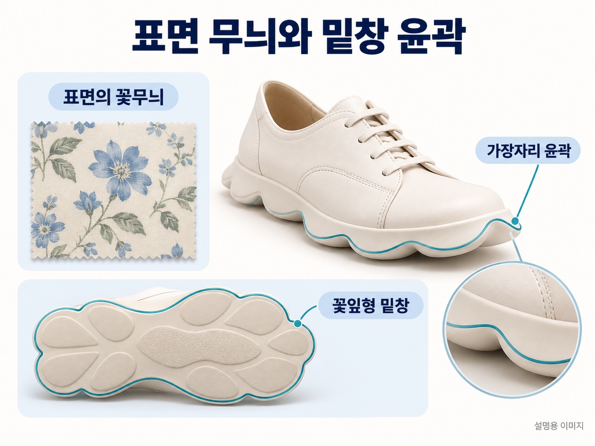 표면의 꽃무늬와 꽃잎형 밑창 윤곽이 다른 표현임을 구분하는 설명용 이미지
