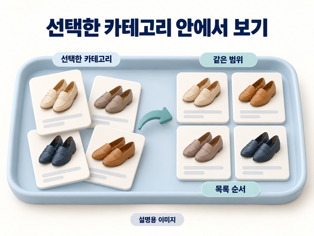 선택한 카테고리 안에서 정렬 기준을 바꾸어 목록을 살펴보는 설명용 이미지