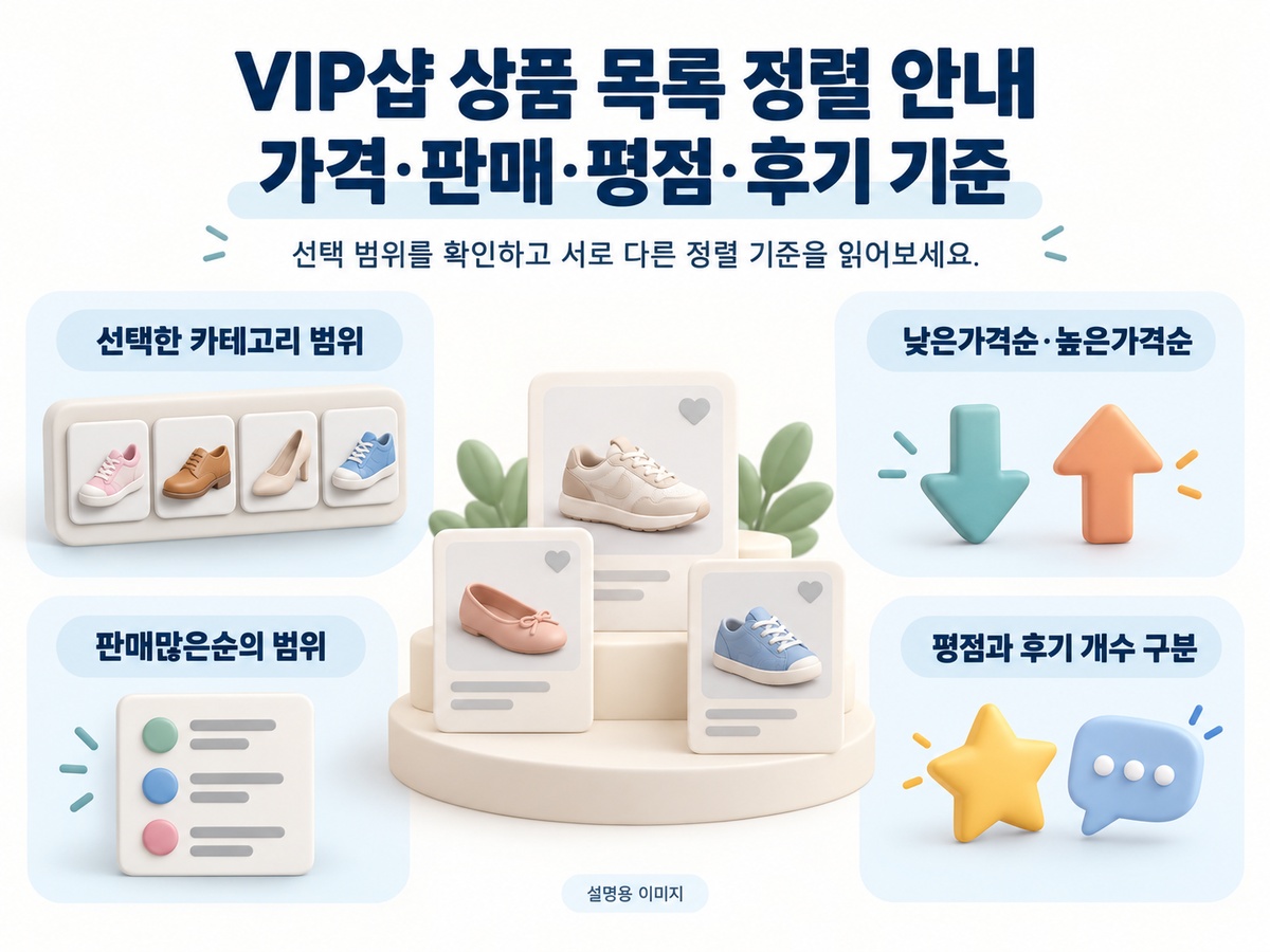 상품 목록의 범위와 가격·판매·평점·후기 정렬을 네 관점으로 정리한 요약 설명용 이미지