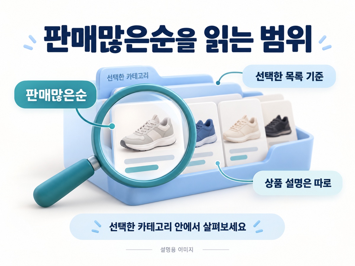 판매많은순을 선택한 카테고리의 목록 기준으로 읽는 설명용 이미지
