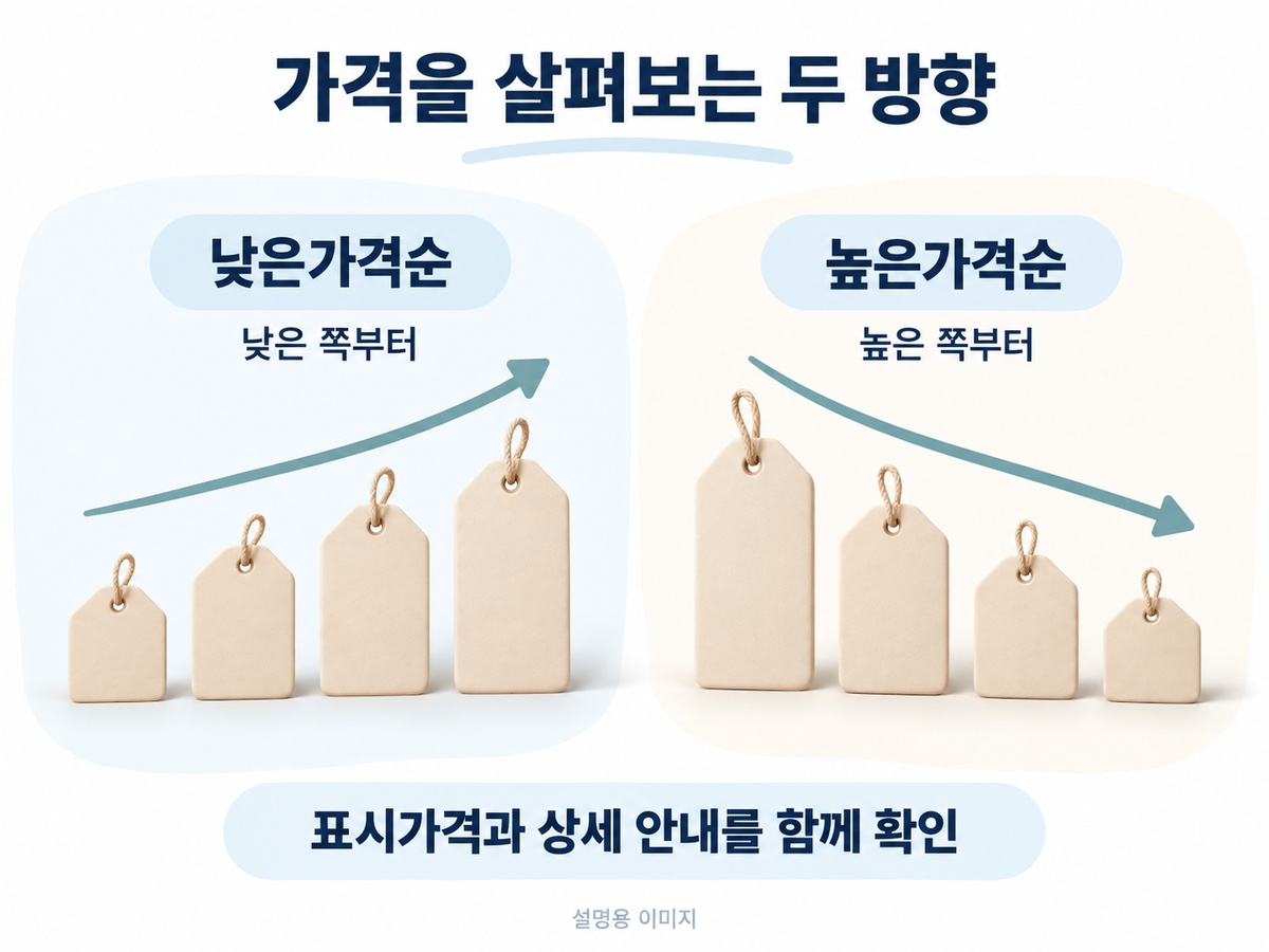 낮은가격순과 높은가격순의 서로 다른 방향을 나누어 보는 설명용 이미지