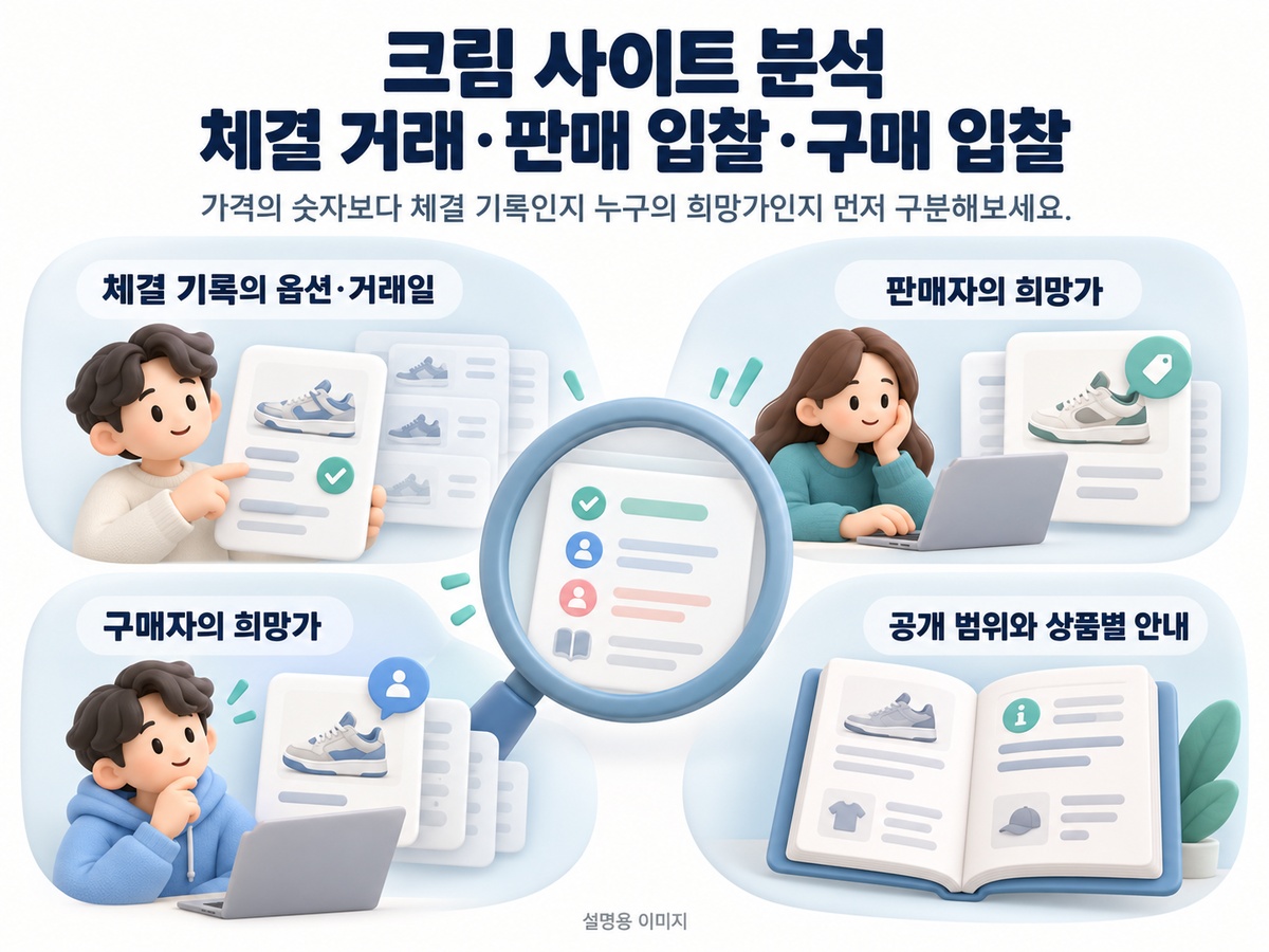 크림의 체결 기록과 판매·구매 희망가 및 공개 범위를 네 관점으로 정리한 요약 설명용 이미지