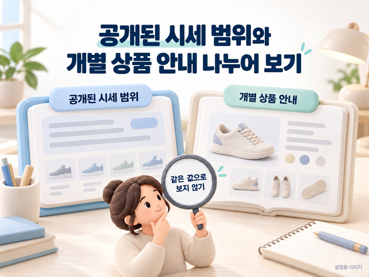 공개된 가격 자료의 범위와 개별 상품 안내를 나누어 보는 설명용 이미지