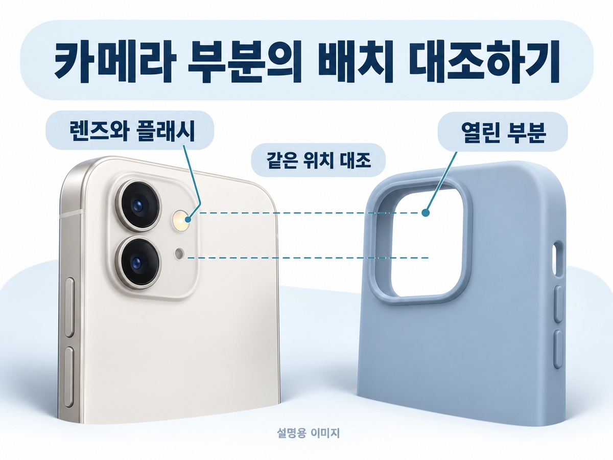 카메라 렌즈와 플래시의 위치를 케이스의 열린 부분과 나누어 보는 설명용 이미지