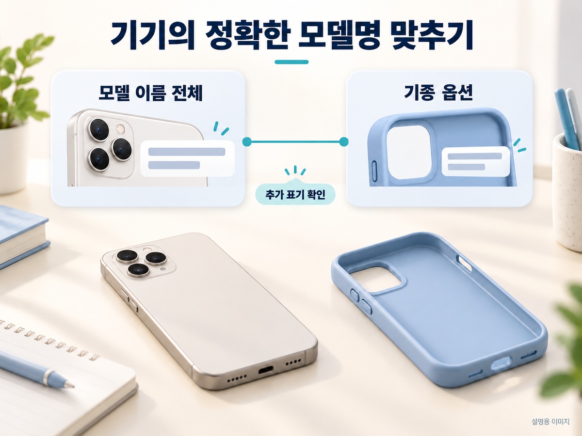 기기의 모델 이름 전체와 케이스의 기종 옵션을 대조하는 설명용 이미지