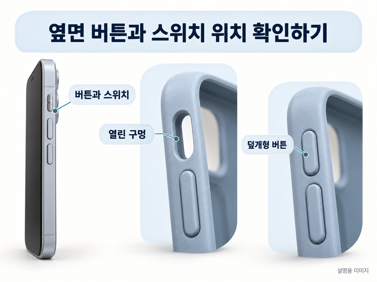 휴대폰 옆면의 열린 구멍과 덮개형 버튼을 구분하는 설명용 이미지