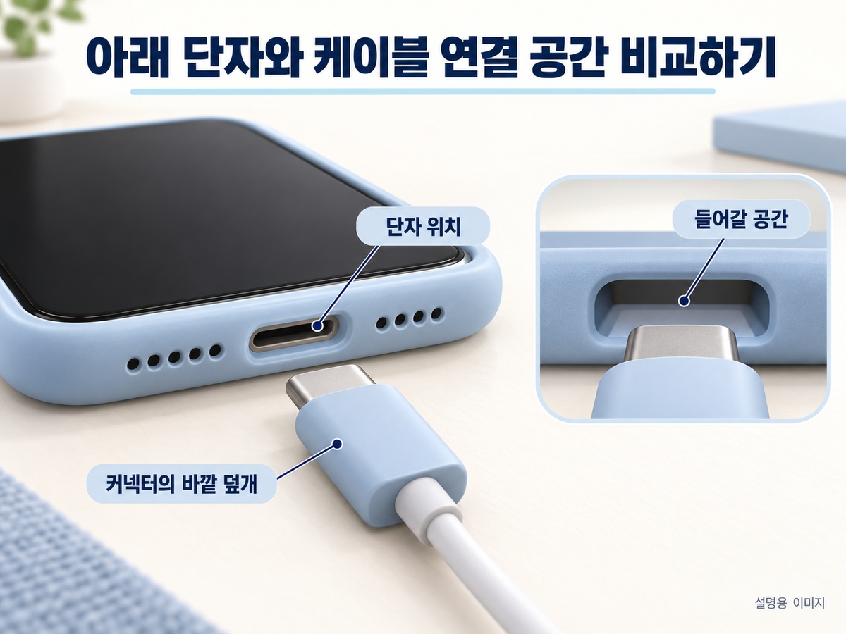 케이스의 아래 단자 구멍과 케이블 커넥터 바깥 덮개가 들어갈 공간을 구분하는 설명용 이미지