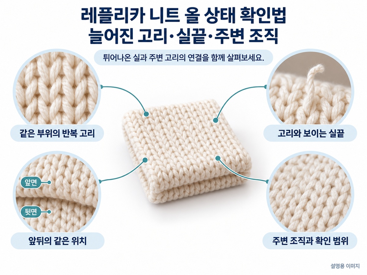 같은 부위의 고리와 실끝, 앞뒤 위치와 주변 조직을 살피는 니트 올 상태 요약 설명용 이미지