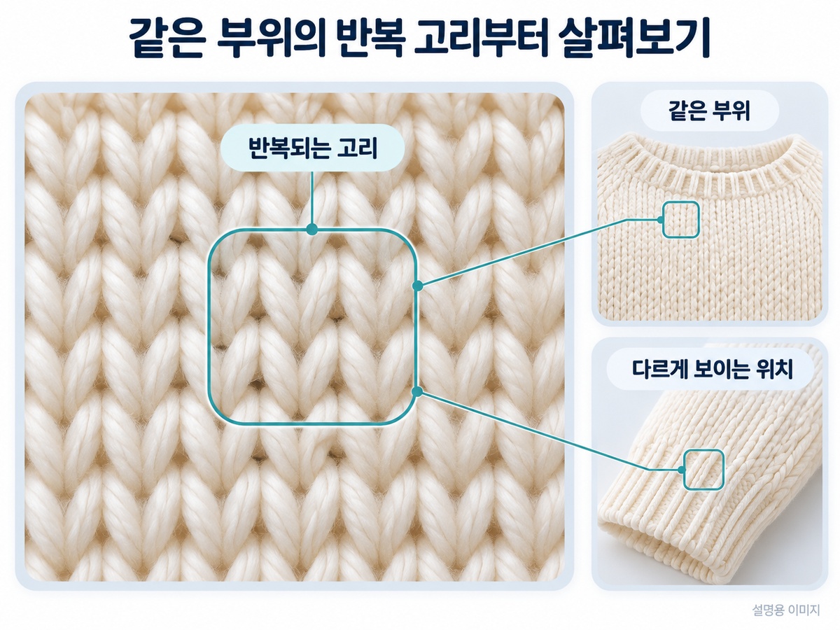 같은 니트 부위의 반복되는 고리 모양과 관찰할 위치를 보여주는 설명용 이미지