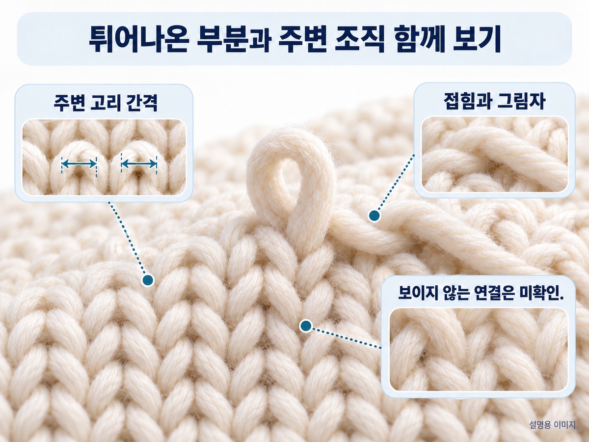 튀어나온 실 주변의 고리 간격과 형태, 가려진 부분을 함께 살피는 설명용 이미지