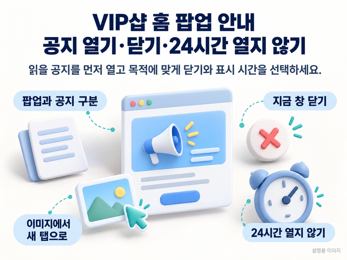 공지 열기와 현재 팝업 닫기, 24시간 동안 열지 않기의 차이를 요약한 설명용 이미지
