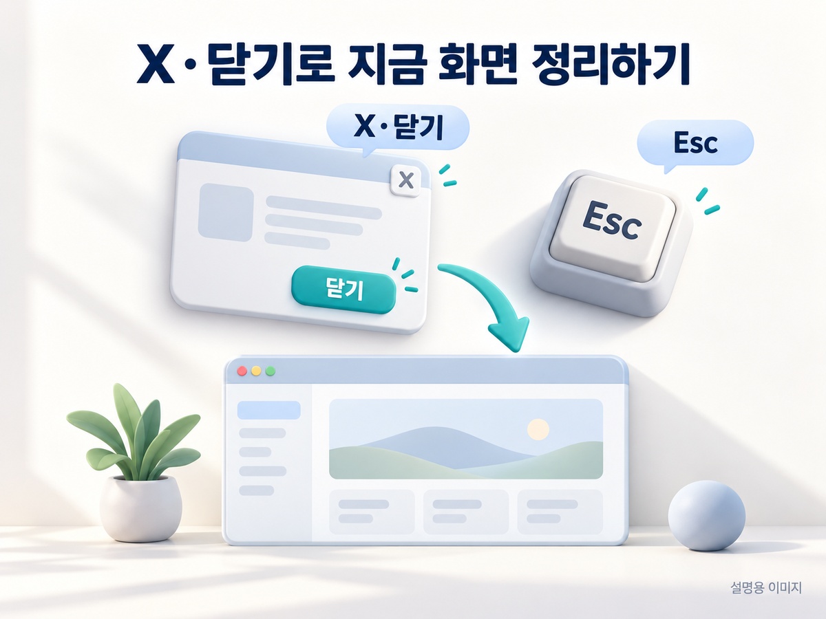 X와 닫기, Esc로 현재 팝업 창을 닫는 동작을 구분하는 설명용 이미지
