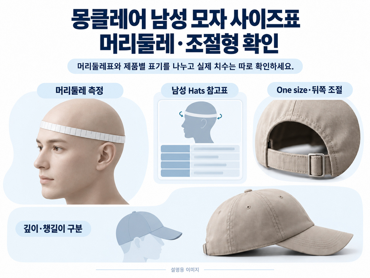 머리둘레 측정과 공식 남성 모자표, 제품별 조절장치, 깊이·챙길이 구분을 요약한 설명용 이미지