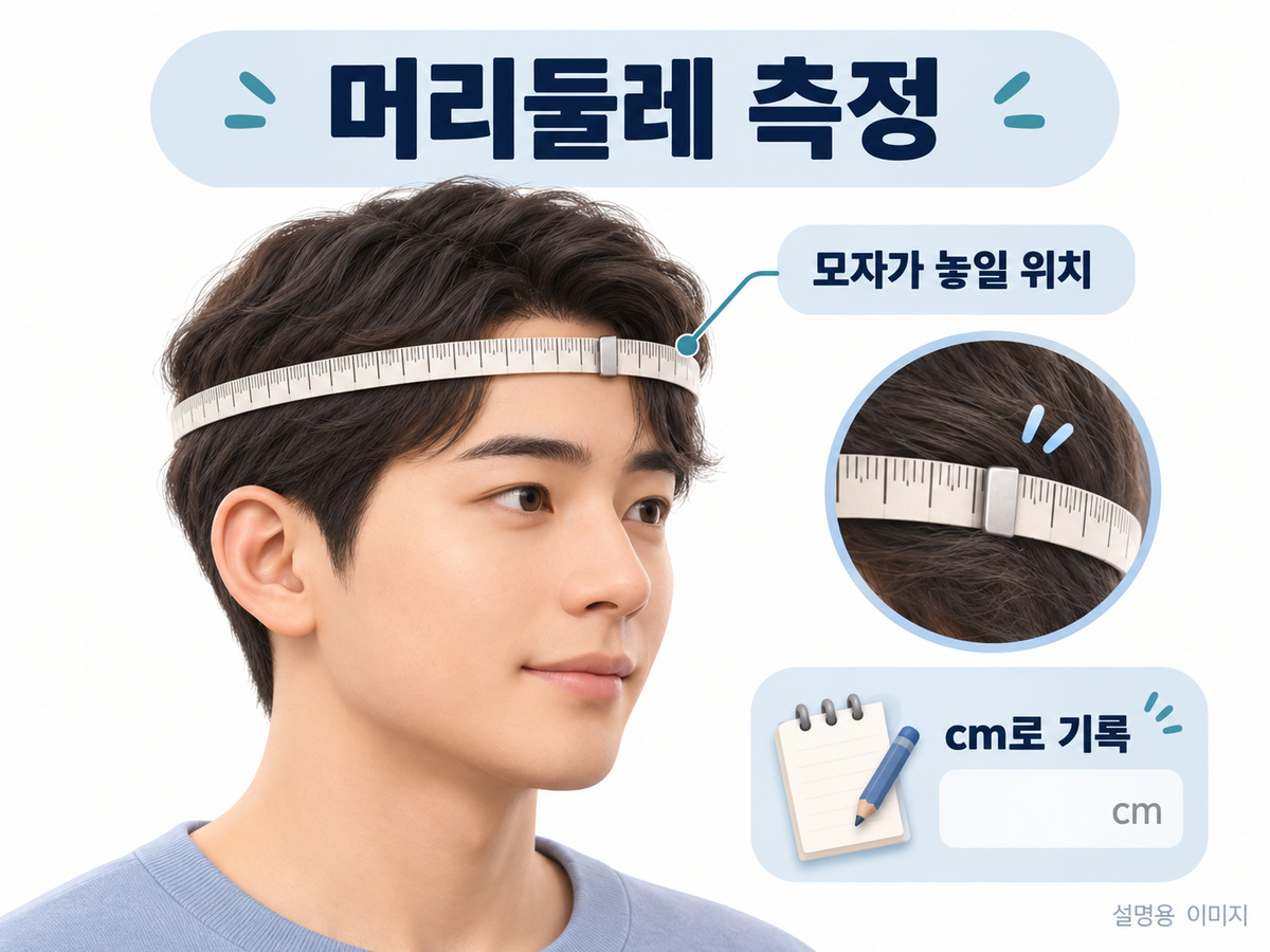 모자가 놓일 위치의 머리둘레를 줄자로 재고 cm로 기록하는 설명용 이미지