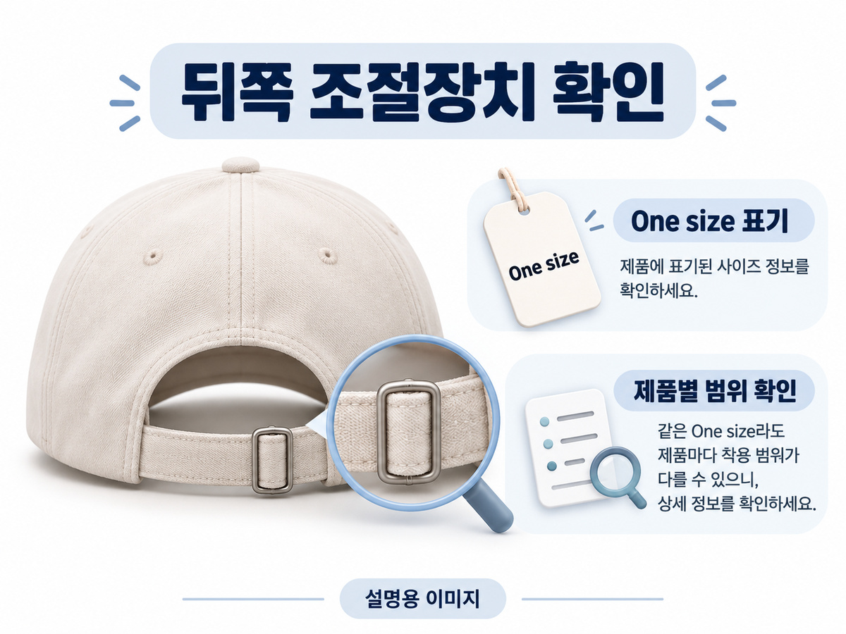 개별 One size 모자의 뒤쪽 조절스트랩과 상품별 확인 범위를 구분하는 설명용 이미지