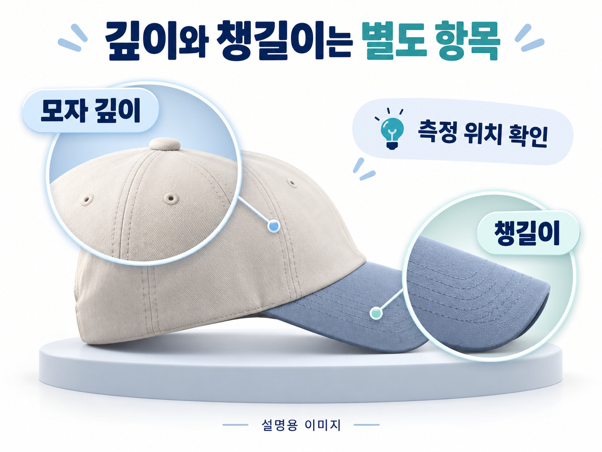 머리둘레와 별개인 모자 깊이와 챙길이를 서로 다른 항목으로 살펴보는 설명용 이미지