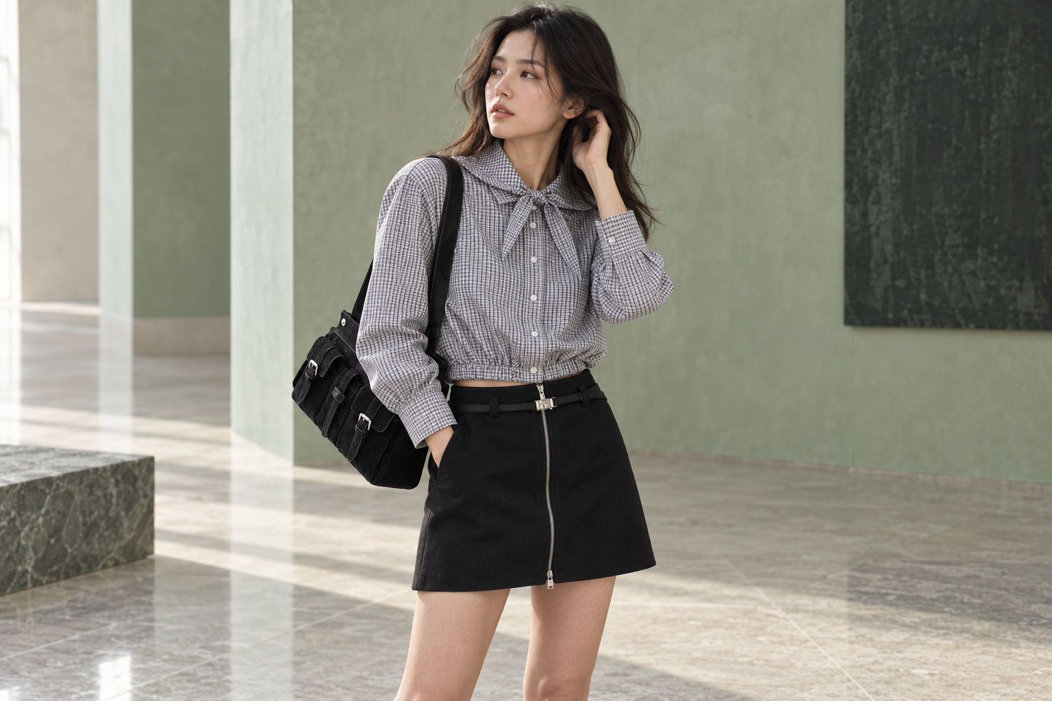 연한 녹색의 독립적인 현대 공간에서 사이트 등록 프라다 체크 리본 긴소매 셔츠와 블랙 지퍼 스커트, 멀티 포켓 숄더백을 참고해 입힌 성인 모델 AI 화보