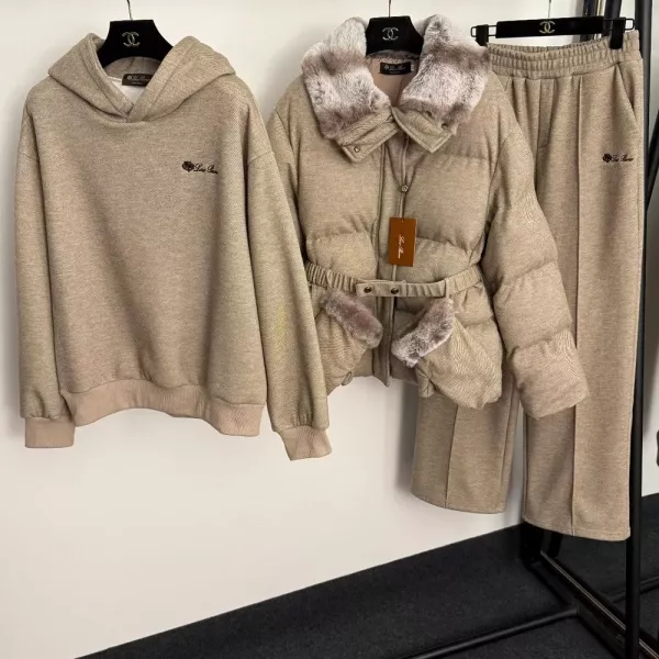 로로피아나 밍크 퍼 카라 패딩 아우터 후드 기모 상하 장갑 4종 세트