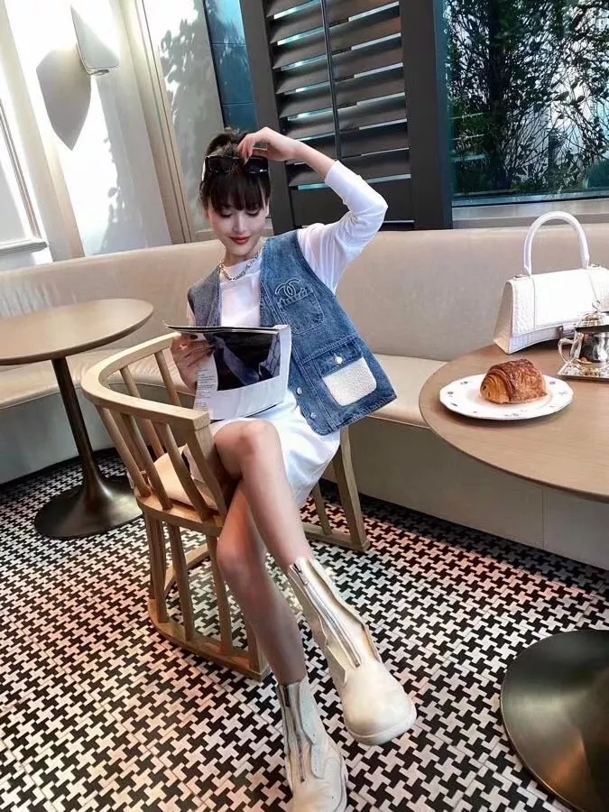 샤넬 데님 로고 자수 베스트 롱슬리브 원피스 세트 상세 이미지 14