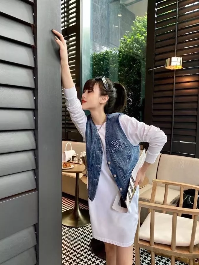 샤넬 데님 로고 자수 베스트 롱슬리브 원피스 세트 상세 이미지 17