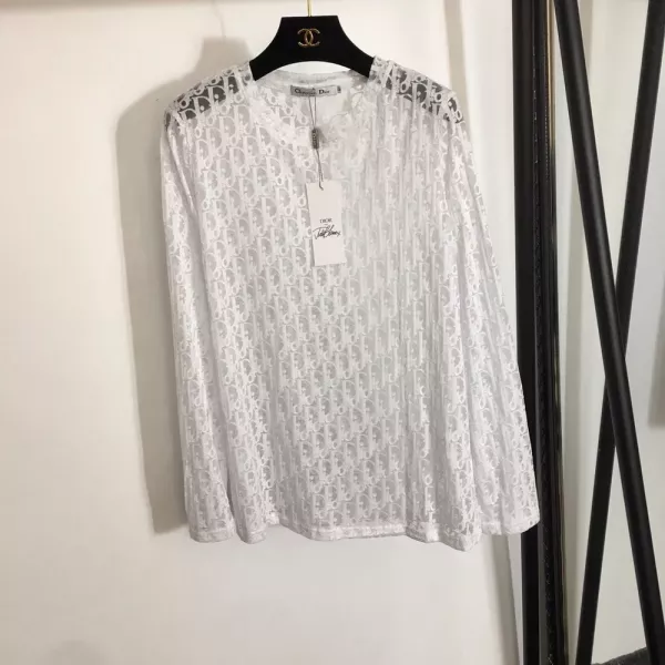 디올 오블리크 레터링 시스루 메시 라운드넥 긴소매 탑