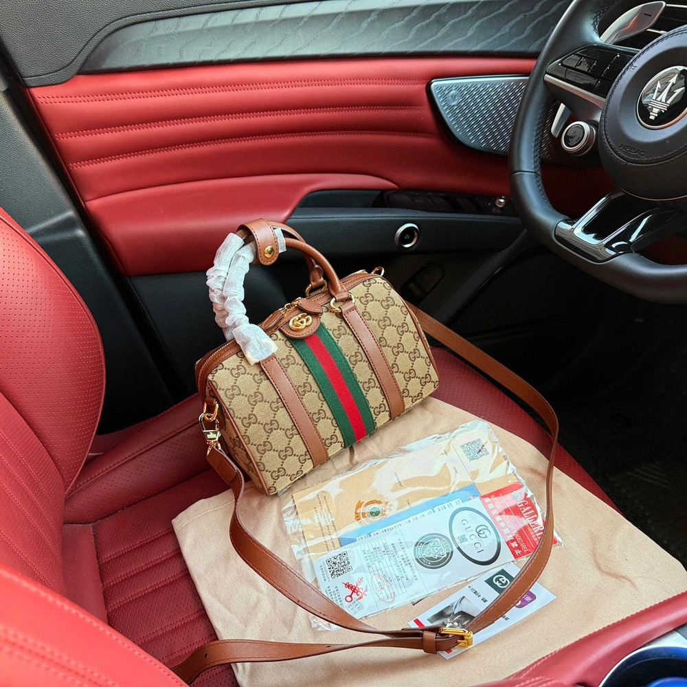 구찌 카키 GG 캔버스 스트라이프 핸드 토트
