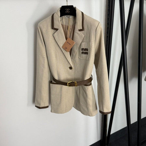미우미우 로고 자수 패치 포켓 배색 카라 벨트 재킷