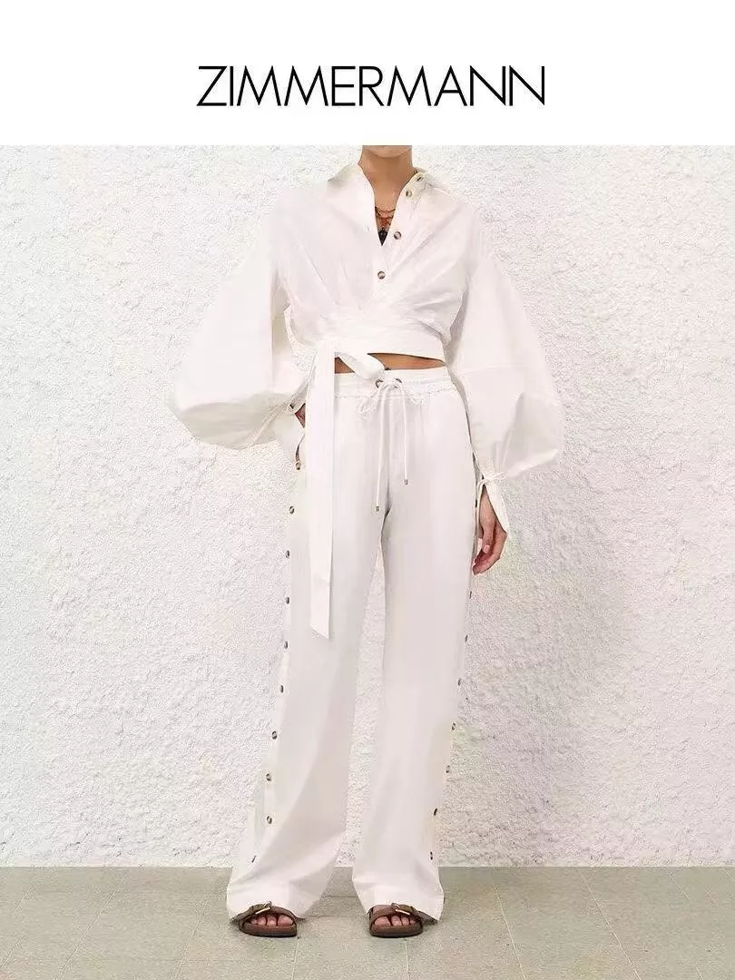 짐머만 리본 스트랩 벌룬 롱슬리브 크롭 셔츠와 밴딩 와이드 팬츠 세트 상세 이미지 10