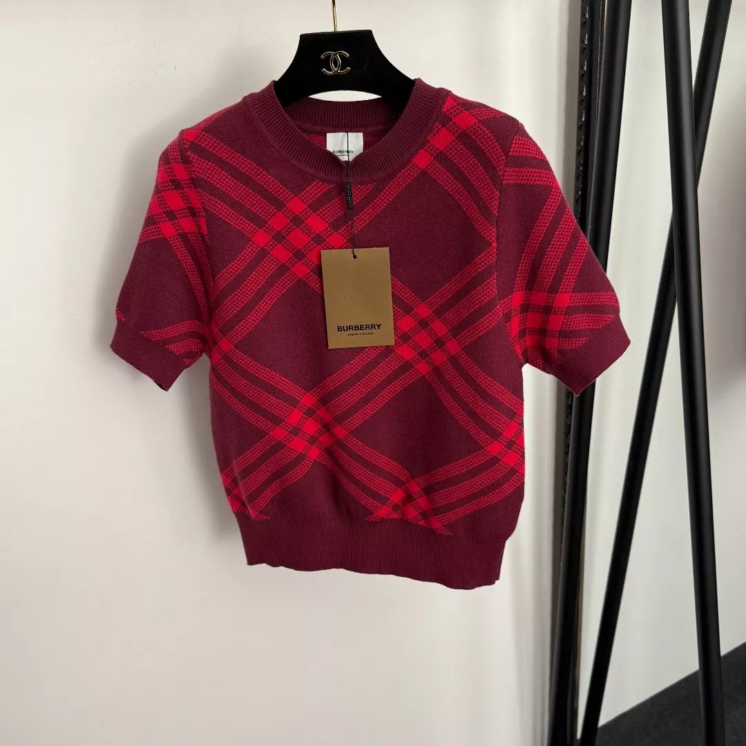 버버리 체크 패턴 반소매 울 니트 탑 상세 이미지 1