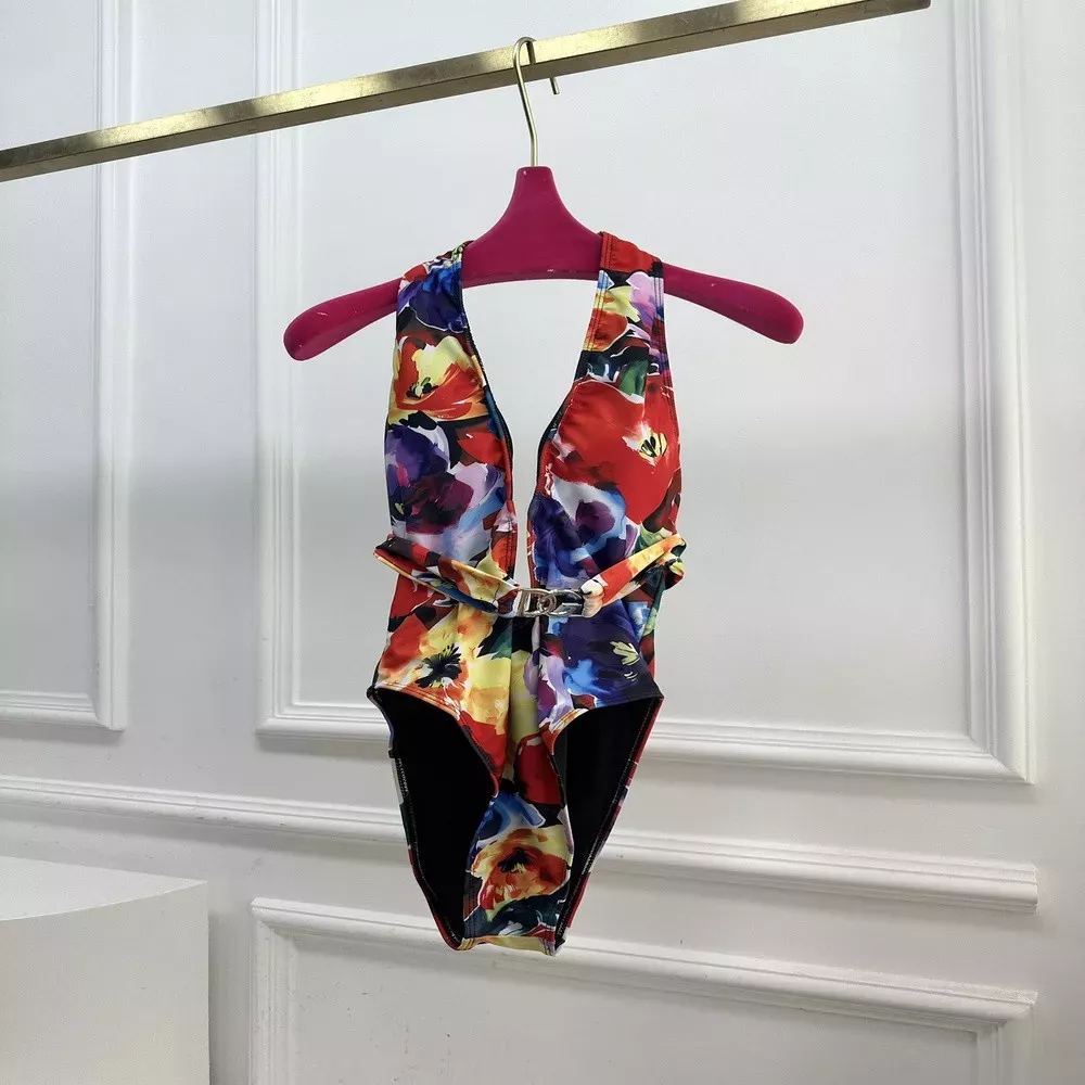돌체앤가바나 플라워 파워 추상 플라워 프린트 벨트 딥넥 원피스 수영복