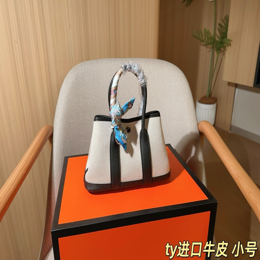 에르메스 가든 파티 캔버스 가죽 배색 토트백
